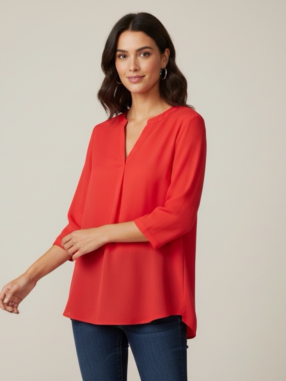 Dice Red blouse quarter sleeve with button up tabs size large V Neck polyester